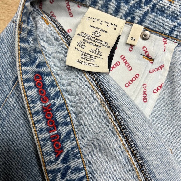 NWT: Alice & Olivia Denim Chainmail Mini Skirt Frayed Hem - Size 32 - Picture 8 of 10